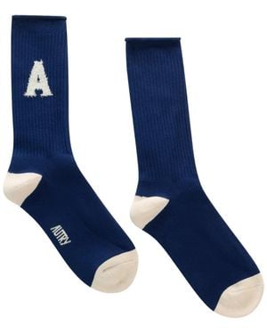 Autry Logo-Patch Ribbed-Knit Socks - Blue