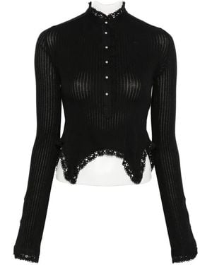 Ann Demeulemeester Lace-Trim Ribbed Top - Black