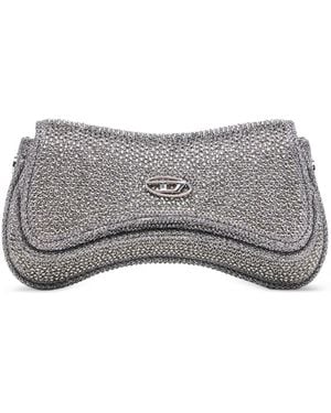 DIESEL Crystal-Embellished Logo-Plaque Clutch Bag - Grey