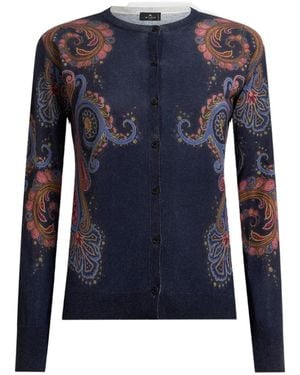 Etro Silk And Cashmere Cardigan With Placed Paisley Print - Blue