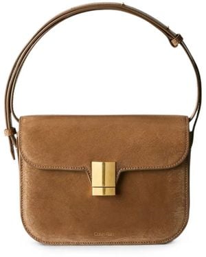 Calvin Klein Logo-Print Leather Shoulder Bag - Brown