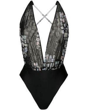 Amir Slama Text-Print V-Neck Bodysuit - Black
