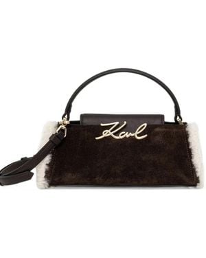 KARL LAGERFELD Shearling-Trim Suede Shoulder Bag - Black
