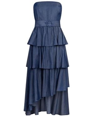 Liu Jo Chic Midi Dress With Bustier Cut And Asymmetrical Ruffles - Blue
