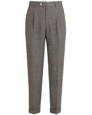 Brunello Cucinelli Linen Houndstooth Trousers With Pleat - Grey