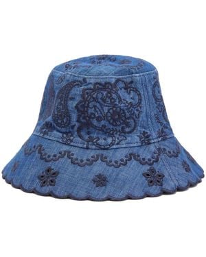 Zimmermann Paisley-Embroidered Scallop-Edge Bucket Hat - Blue