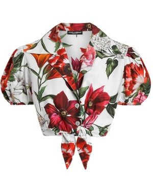 Dolce & Gabbana Floral Print Cotton Crop Shirt - Red