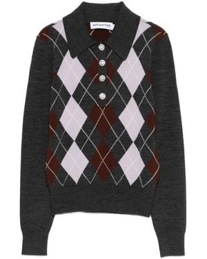 Self-Portrait Argyle Button Polo Top - Black