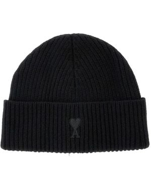 Ami Paris Ribbed Logo Beanie Hat - Black
