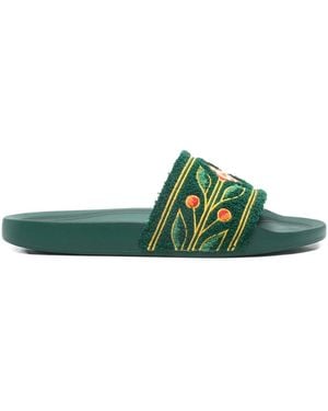 CASABLANCA Floral-Embroidered Slides - Green