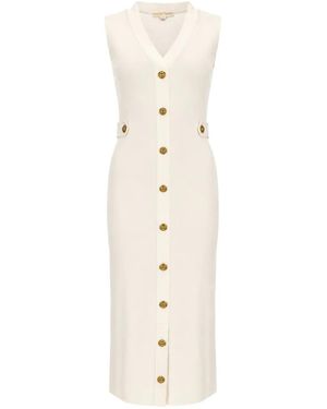 MICHAEL Michael Kors V-Neck Elastic-Knit Button-Down Midi Dress - White