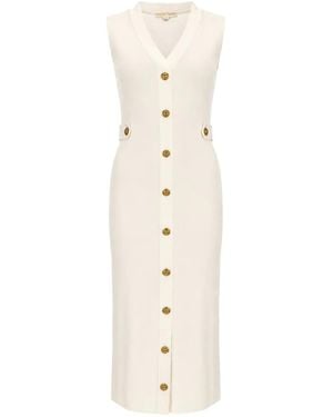 Michael Kors V-Neck Elastic-Knit Button-Down Midi Dress - White