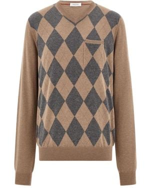 Ferragamo V-Neck Argyle Virgin-Wool Jumper - Grey