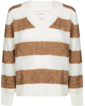 Sun 68 Gestreifter Pullover Mit V-Ausschnitt - Weiß