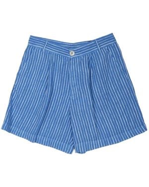 120% Lino Vertical-Stripe Linen Shorts - Blue