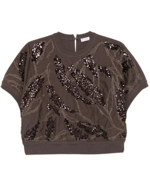Brunello Cucinelli Sequin-Embellished Embroidered Top - Brown