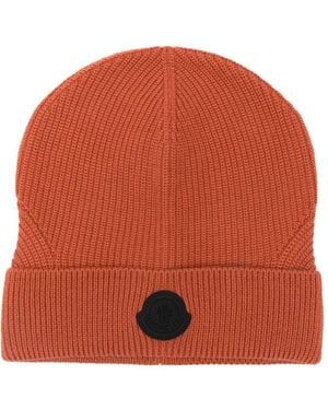 Moncler Ribbed Logo-Patch Beanie - Orange