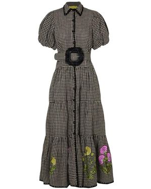 PHILIPPA 1970 Julia Gingham-Check Floral-Embroidered Maxi Dress - Grey