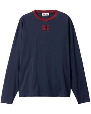Miu Miu Embroidered Long-Sleeve T-Shirt - Blue