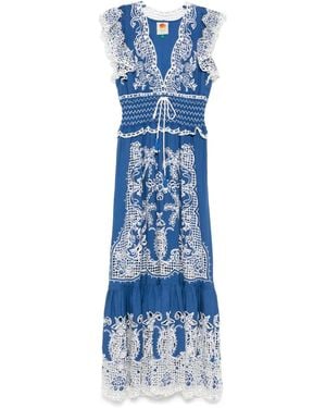 FARM Rio Embroidered Linen-Blend Maxi Dress - Blue