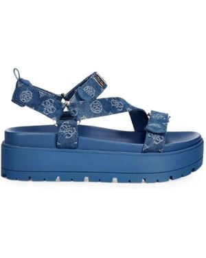 Guess Monogram-Print Platform Sandals - Blue