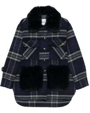 Ava Adore Check-Pattern Faux-Fur-Trim Coat - Blue