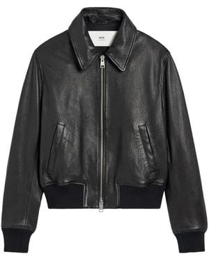 Ami Paris Zipped Leather Jacket - Black