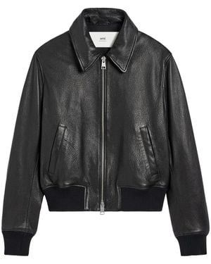 Ami Paris Zipped Leather Jacket - Black