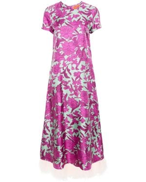 La DoubleJ Swing Feather-trimmed Floral-print Silk-twill Maxi Dress - Purple