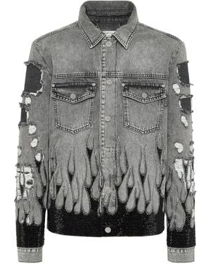 Philipp Plein Strass Flame Oversize Denim Jacket - Grey