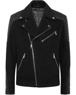 Philipp Plein Wool Biker Jacket With Leather Inserts - Black