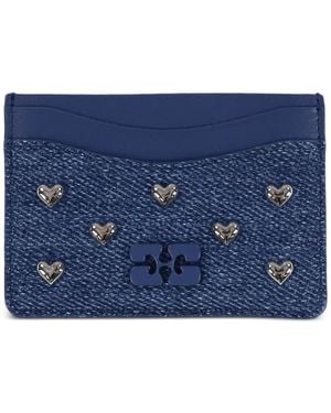 Ganni Bou Heart-Stud Denim Cardholder - Blue