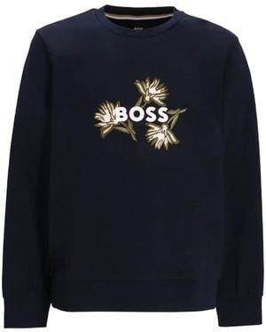 BOSS Sweater Met Geborduurde Bloemen - Blauw