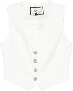 Nissa Crystal-Button Sleeveless Vest - White