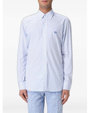 Etro Striped Embroidered-Logo Cotton Shirt - Blue