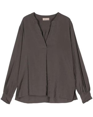 Blanca Vita Band-Collar Long-Sleeves Blouse - Grey