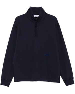Stone Island Poloshirt Met Halve Rits En Fleece Textuur - Blauw