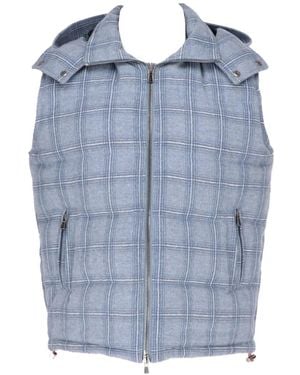 Isaia Check-Pattern Hooded Gilet - Blue