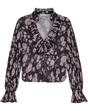Ganni Floral-Print Blouse - Black