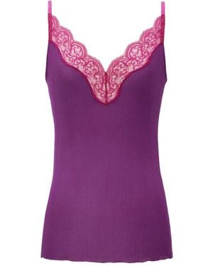 Saint Laurent Lace-Trimmed Ribbed Top - Purple