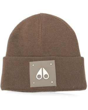 Moose Knuckles Logo-Patch Ribbed-Knit Beanie Hat - Brown