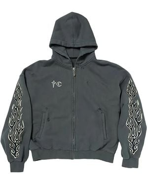 THUG CLUB Leather Flame Zip-Up Sweatshirt - Gray