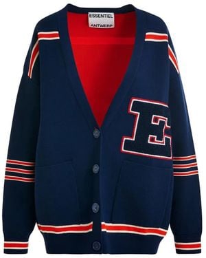Essentiel Antwerp Striped Letter-Appliqué Cardigan - Blue