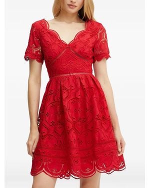 Morgan Scalloped-Trim V-Neck Mini Dress - Red