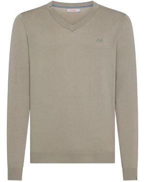 Sun 68 V-Neck Logo-Embroidered Jumper - Grey