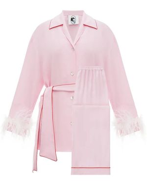 Sleeper Miss Cat Belted Feather-Detail Pyjama Set - Pink