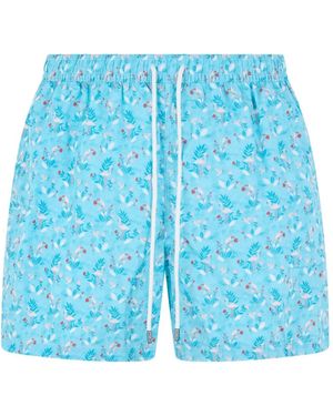 Fedeli Flamingo-Print Drawstring Swim Shorts - Blue