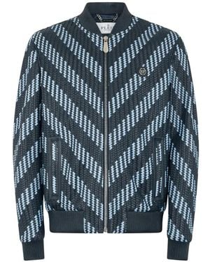 Philipp Plein Weaved Leather Bomber Stripes Jacket - Blue