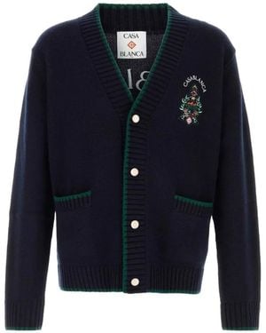 CASABLANCA Hotel-Emblem Intarsia-Knit Logo-Patch Cardigan - Blue