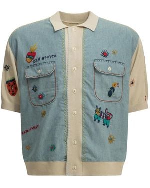 Kapital Embroidered Denim-Panel Polo Shirt - Blue